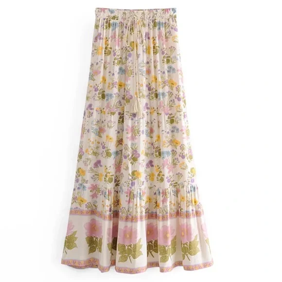 SOLD OUT Floral Bohemian Tassel Tie Pull On Casual Maxi Long Full Length Skirt - Picture 4 of 9
